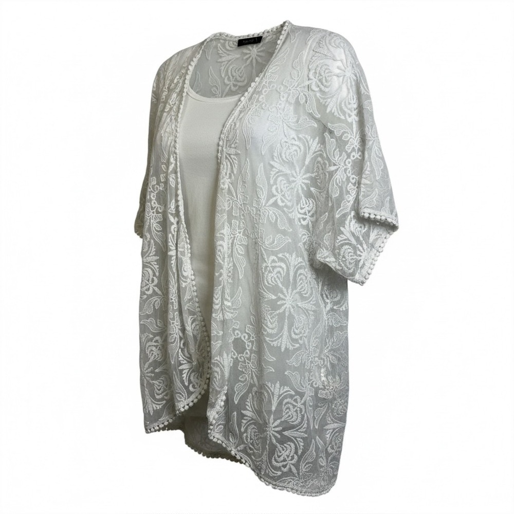 Verty White Lace‎ Kimono Cardigan Short Sleeve Beach Boho Festival Open Front M